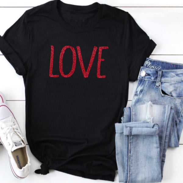 LOVE Valentine's Day Glitter Shirt with Red Letters